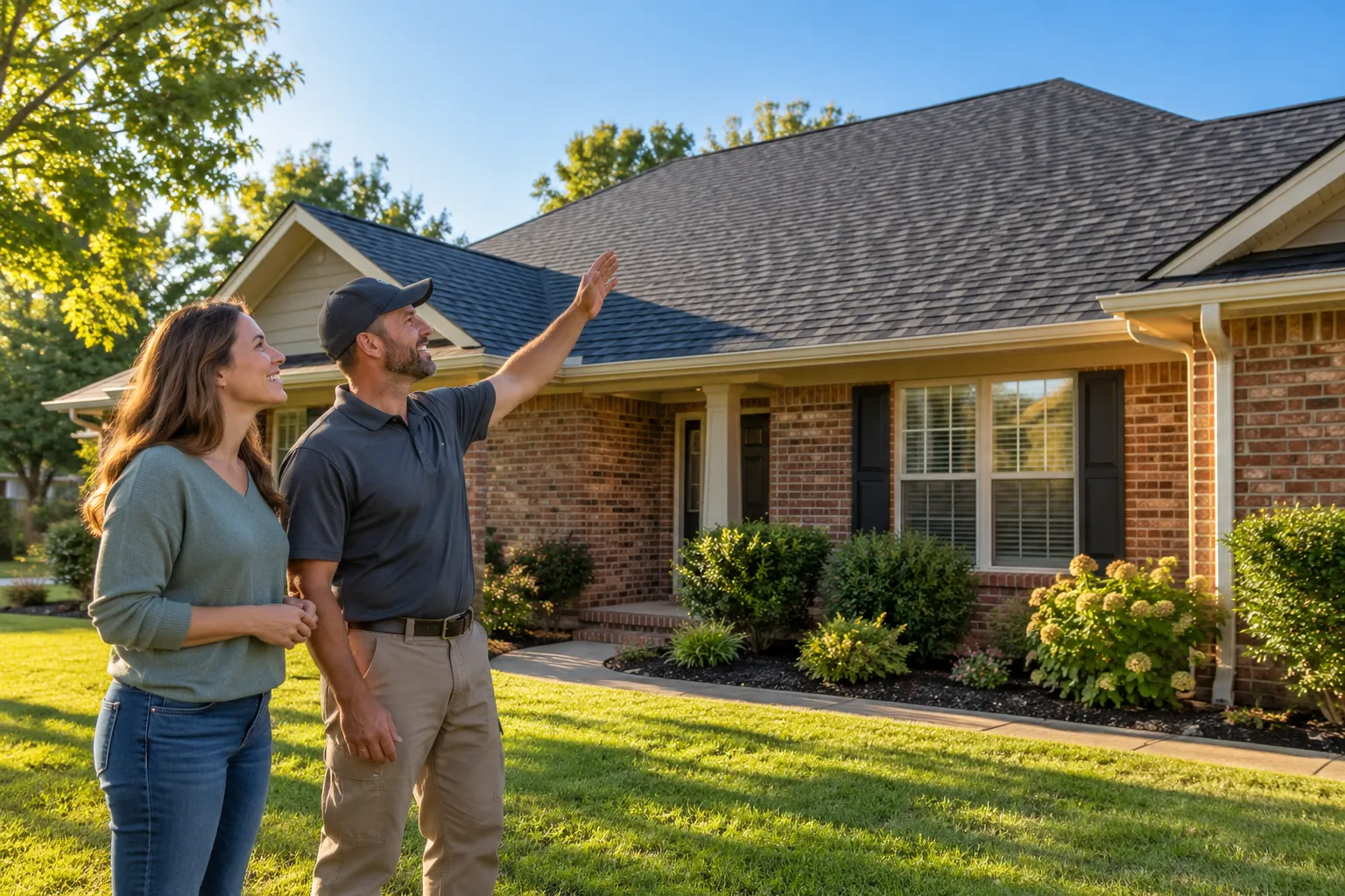 Friendly roofing provider and homeowner reviewing a new shingle roof on a brick ranch home in Fort Worth